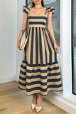 Elegant Striped Print Contrast Square Neck A Line Dresses