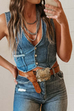 Sexy Hot Solid Color Distressed Buckle V Neck Sleeveless Regular Denim Jacket(3 Colors)