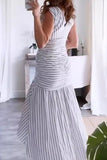 Casual Striped Print Lace Up Ruched V Neck Waist Skirt Dresses