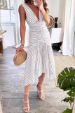 Casual Striped Print Lace Up Ruched V Neck Waist Skirt Dresses