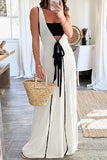 Casual Patchwork Belted V Neck Long Dresses