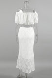 Sexy Solid Color Lace Hollow Out Off Shoulder Short Sleeve Two Pieces