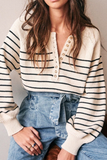 Casual Stripe Buckle Weave Contrast O Neck Tops