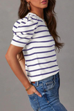 Casual Stripe Ruched Weave O Neck T-Shirts(5 Colors)