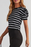 Casual Stripe Ruched Weave O Neck T-Shirts(5 Colors)