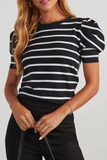 Casual Stripe Ruched Weave O Neck T-Shirts(5 Colors)