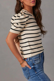 Casual Stripe Ruched Weave O Neck T-Shirts(5 Colors)