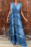 Casual Solid Color Distressed Ruffle V Neck Sleeveless Loose Denim Dresses(4 Colors)