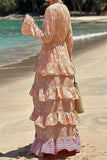 Vacation Boho Geometric Print Lace Up Ruffle Slit V Neck Long Sleeve Dresses