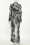 Casual Zebra Print Lace Up Contrast Turndown Collar Long Sleeve Two Pieces