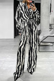 Casual Zebra Print Lace Up Contrast Turndown Collar Long Sleeve Two Pieces