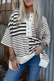 Casual Stripe Buttons Patchwork Contrast O Neck T-Shirts