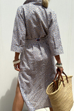 Casual Geometric Print Lace Up Buttons Turndown Collar Shirt Dresses