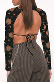 Sexy Street National Totem Geometric Print Lace Up Backless Half A Turtleneck Tops(10 Colors)