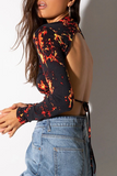 Sexy Street National Totem Geometric Print Lace Up Backless Half A Turtleneck Tops(10 Colors)