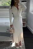 Celebrities Elegant Pocket Buckle Ruffle Turndown Collar Long Sleeve Dresses