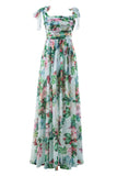 Casual Floral Print Backless Belted Square Neck Long Dresses