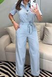 Casual Daily Pocket Lace Up Buttons Turndown Collar Loose Jumpsuits