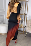 Elegant Gradient Color Irregular Contrast V Neck One Step Skirt Dresses