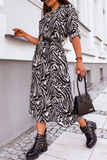 Street Elegant Zebra Print Leopard Buttons Turndown Collar Shirt Dresses