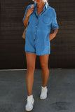 Casual Street Solid Pocket Turndown Collar Loose Rompers