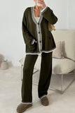 Casual Patchwork Buttons V Neck Long Sleeve Two Pieces(4 Colors)