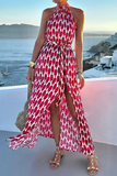 Vacation Elegant Geometric Print Lace Up Slit Contrast Halter Sleeveless Dresses