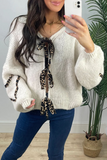 Casual Leopard Lace Up Patchwork Weave V Neck Outerwear(7 Colors)