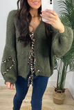 Casual Leopard Lace Up Patchwork Weave V Neck Outerwear(7 Colors)