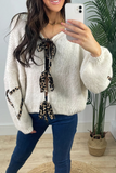 Casual Leopard Lace Up Patchwork Weave V Neck Outerwear(7 Colors)