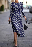 Casual Print Basic O Neck Long Sleeve Dresses(5 Colors)