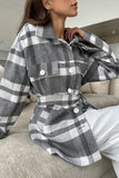 Casual Plaid Lace Up Buttons Contrast Gross Turndown Collar Outerwear