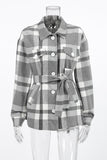 Casual Plaid Lace Up Buttons Contrast Gross Turndown Collar Outerwear