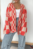 Casual Plaid Weave Contrast V Neck Outerwear(3 Colors)