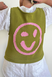 Casual Smiley Face Weave Contrast O Neck Tops(5 Colors)