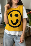 Casual Smiley Face Weave Contrast O Neck Tops(5 Colors)