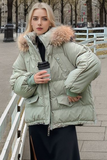 Casual Pocket Patchwork Fluffy Down cotton Hooded Outerwear(3 Colors)