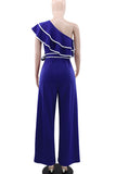 Casual Patchwork Strap Design Contrast Ruffled Trim Oblique Collar Loose Jumpsuits