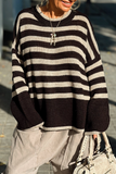 Casual Stripe Weave Contrast O Neck Sweaters