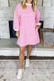 Casual Stripe Pocket Weave Contrast O Neck Long Sleeve Dresses