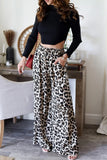 Casual Leopard Pocket Lace Up Loose High Waist Wide Leg Full Print Bottoms