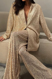 Casual Sequins Sequined Turn-back Collar Long Sleeve Two Pieces(3 Colors)