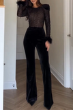 Sexy Patchwork See-Through Velvet O Neck Regular Jumpsuits