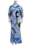 Daily Elegant Geometric Print Buttons Patchwork Turndown Collar Long Sleeve Two Pieces