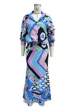 Daily Elegant Geometric Print Buttons Patchwork Turndown Collar Long Sleeve Two Pieces