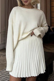 Elegant Patchwork Pleated O Neck Long Sleeve Two Pieces