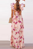 Sexy Vacation Floral Print Lace Up Chains Ruffle V Neck Long Dresses