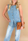 Casual Daily Buttons O Neck Sleeveless Regular Denim Jacket