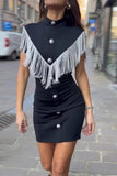 Casual Buttons Tassel Half A Turtleneck Wrapped Skirt Dresses