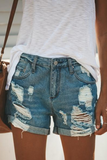 Street Solid Ripped Mid Waist Straight Denim Shorts